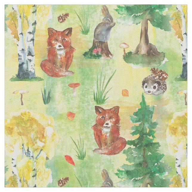 Tissu Aquarelle Lapin, Hérisson, renard (Fermer)