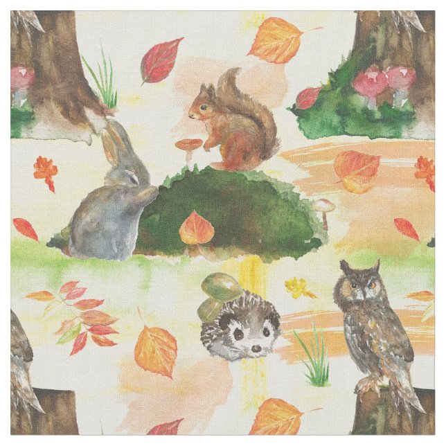 Tissu Aquarelle Lapin, hibou, écureuil, hérisson (Fermer)