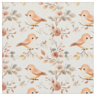 Tissu Aquarelle mignonne Oiseaux & Fleurs en blanc