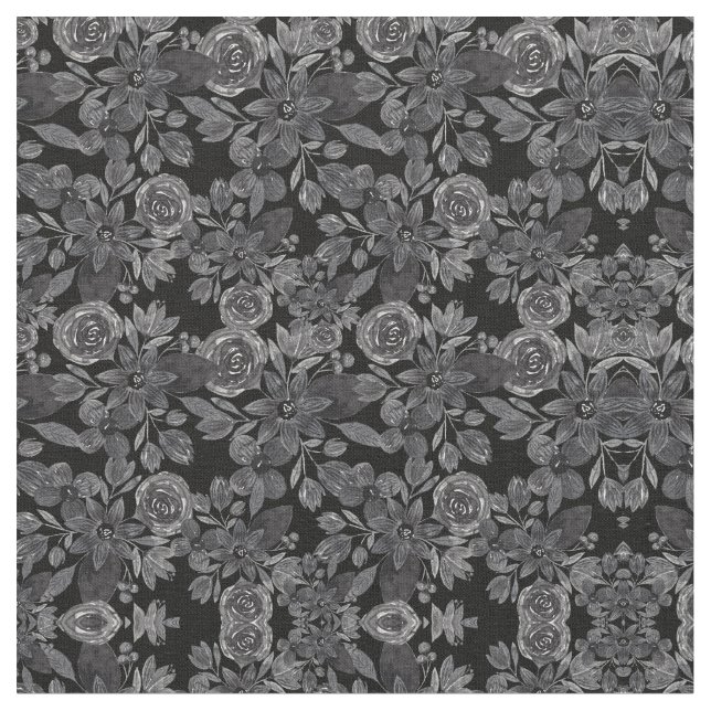 Tissu Aquarelle monochrome gris noir Feuilles floraux (Fermer)