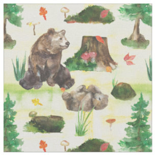 Tissu Aquarelle Ours de forêt avec ourson