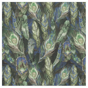Tissu Aquarelle Peacock Feathers Motif Bleu   Vert