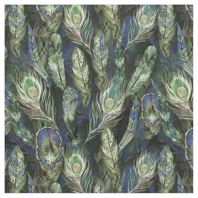 Tissu Aquarelle Peacock Feathers Motif Bleu | Vert (Fermer)