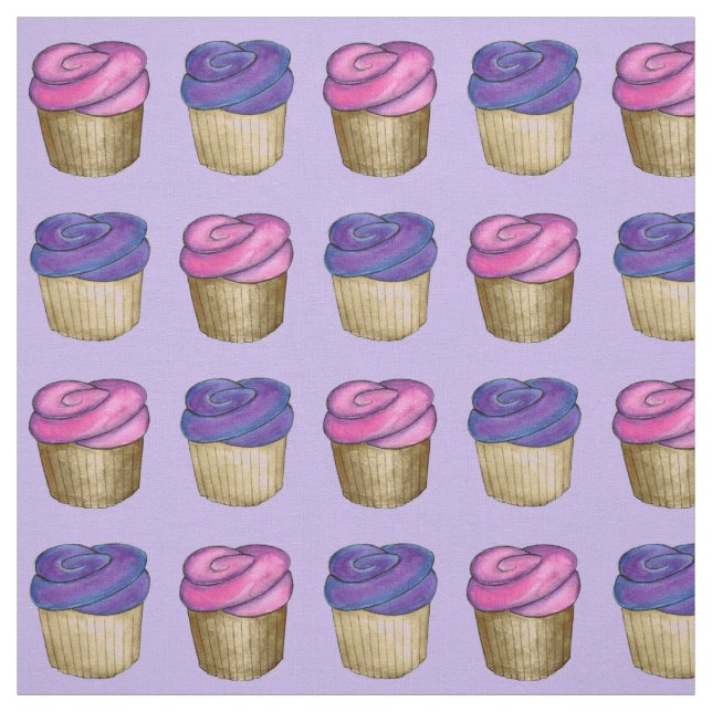 Tissu Aquarelle rose et pourpre Froid Cupcakes Art (Échantillon)