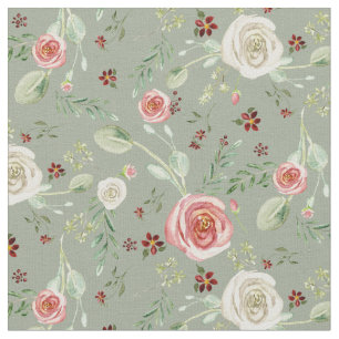 Tissu Aquarelle Roses floraux avec Eucalyptus Sage de fe