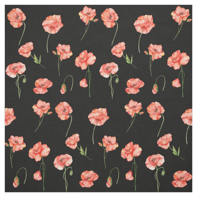 Tissu Aquarelle Rouge Fleurs de pavot Floral Noir (Échantillon)