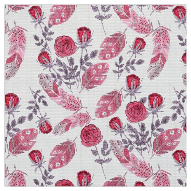 Tissu Aquarelle rouge roses fleurs plumes blanc (Échantillon)