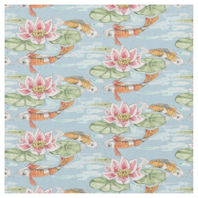 Tissu Aquarelle Tropical Blue Koi & Lotus Fish Pond (Fermer)