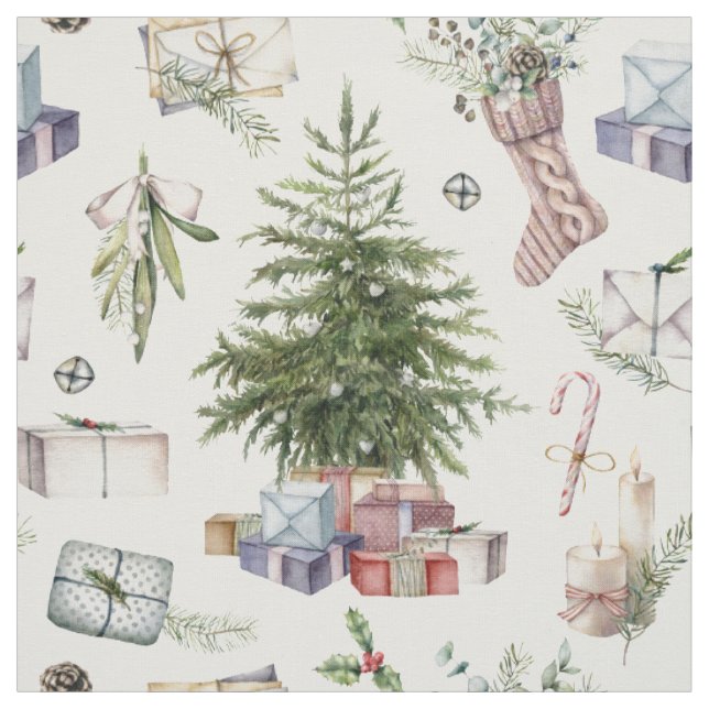 Tissu Aquarelle Vacances de Noël d'hiver (Échantillon)