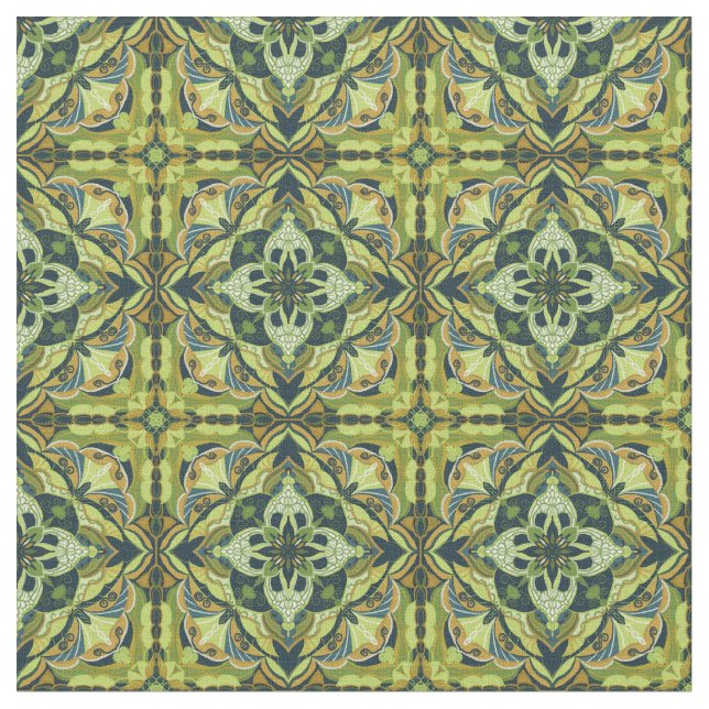 Tissu Aquarelle Vert Azulejo Carrelage espagnol (Fermer)