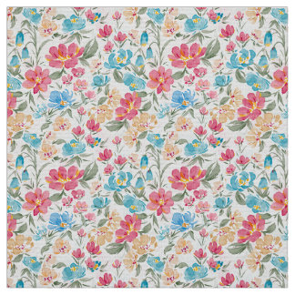 Tissu Aquarelles Florales en Rose et Bleu, Jardin Floral