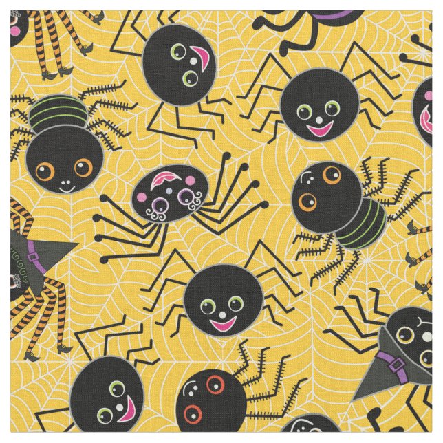 Tissu Araignées mignonnes de Halloween jaune-orange (Fermer)