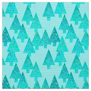 Tissu Arbres de Noël modernes de fleur - aqua et paon