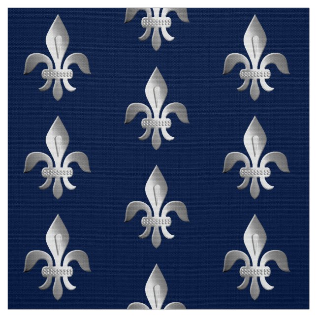 Tissu Argent Fleur-De-lis sur le bleu d'indigo (Échantillon)
