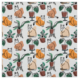 Tissu Art de trait dessin chats et fleurs