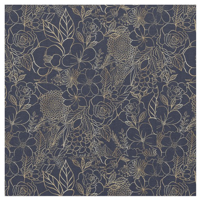 Tissu Art moderne Gold Blue Floral Doodles (Fermer)