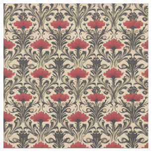 Tissu Art Nouveau Floral Rouge & Noir sur Beige