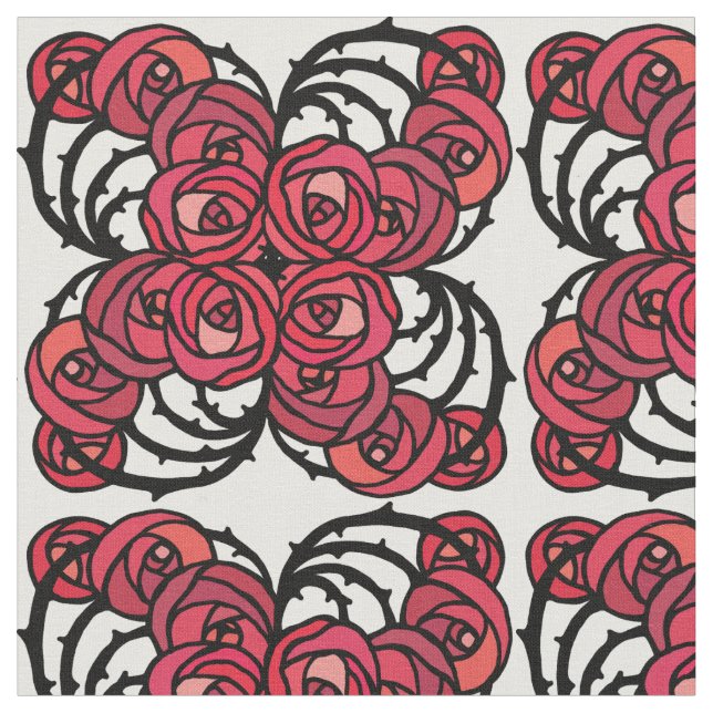 Tissu Art Nouveau Vignes florales rouges et noires roses (Fermer)