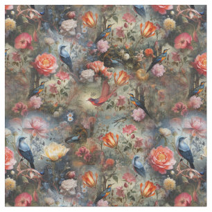Tissu Art surréaliste avec fleurs et oiseaux