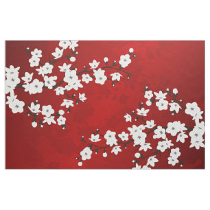 Tissu Asie Floral blanc cerisier rouge