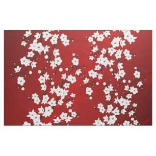 Tissu Asie Floral blanc cerisier rouge