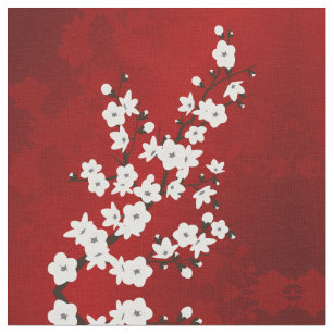 Tissu Asie Floral blanc cerisier rouge