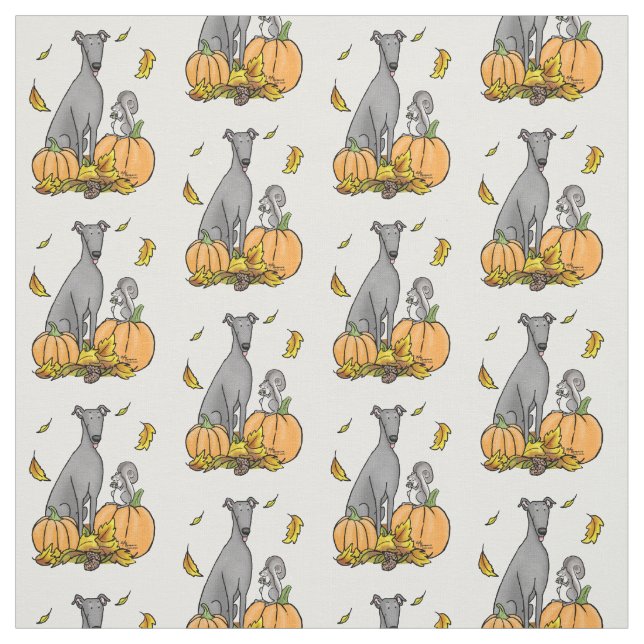 Tissu Automne Greyhound (gris) Chien Citrouille Feuilles (Échantillon)