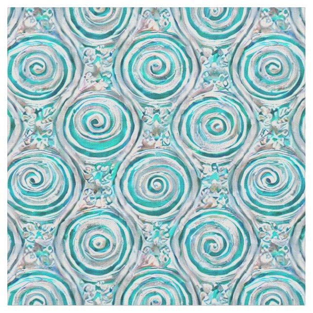 Tissu aux tourbillons et volutes symétriques aqua  (Fermer)