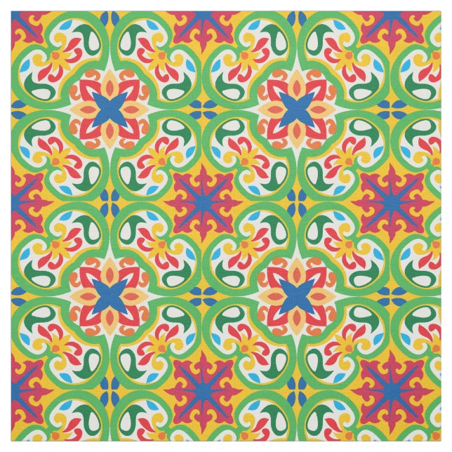 Tissu Azulejo vert, jaune et rouge joyeux (Échantillon)