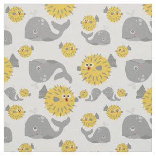 Tissu Baleine grise et poisson-laine Motif de bébé