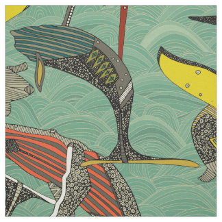 Tissu baleines et vagues jade
