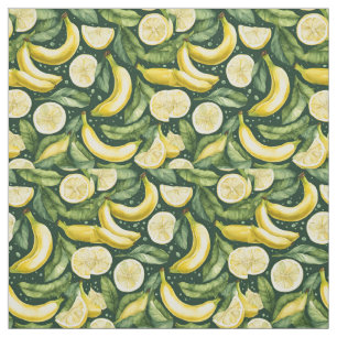 Tissu Bananes fraîches et tranches de citron Art aquarel