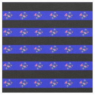 Tissu Bande de fleur folk bleue noire