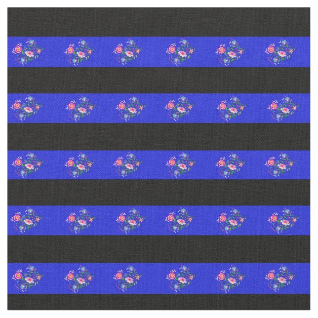 Tissu Bande de fleur folk bleue noire (Fermer)