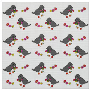 Tissu Bande dessinée noire de panier de fleur de chiot