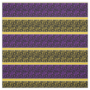 Tissu Bande violette/or fleurie/or blanc - noir