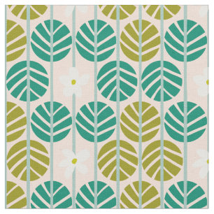 Tissu Bandes estivales vert floral rétro avec base rose