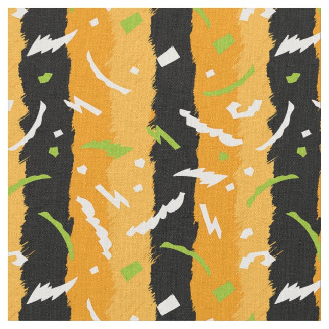 Tissu Bandes orange et noire aux formes blanches et vert (Fermer)