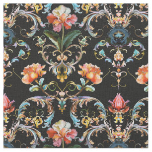 Tissu Baroque noir à fleurs damassé