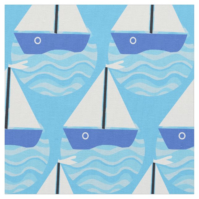 Tissu Bateau bleu avec voiles blanches sur l'océan (Fermer)