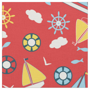 Tissu Bateaux à voile bleu jaune Oiseaux de poisson Roug