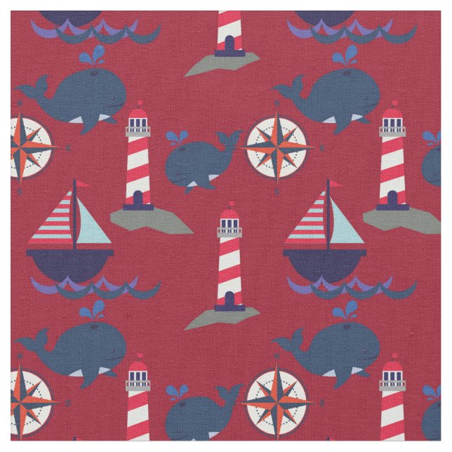 Tissu Bateaux à voile, phares et baleines | Nautical (Fermer)