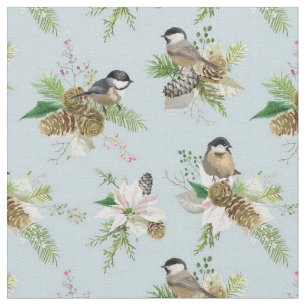 Tissu Beau Oiseau d'hiver et fleurs