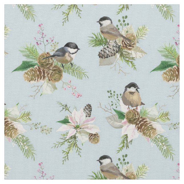 Tissu Beau Oiseau d'hiver et fleurs (Fermer)