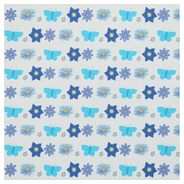 Tissu Bébé bleu Papillons et fleurs à motifs (Échantillon)