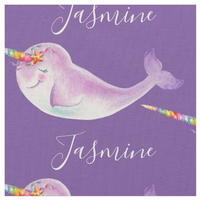 Tissu Bébé narval aquarelle art violet nom personnalisé (Fermer)