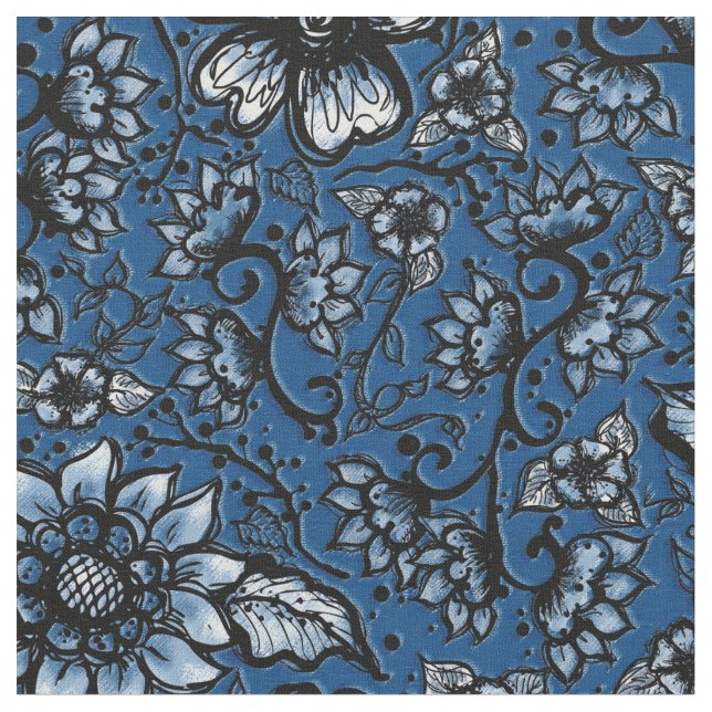 Tissu Belle Floral Classic Bleu et Noir (Fermer)