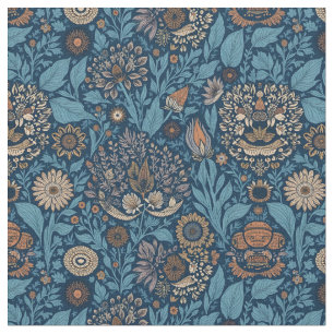 Tissu Belle Flore en Bleu et Beige