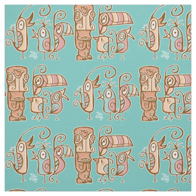 Tissu Big Eyes Tiki avec des oiseaux (Échantillon)