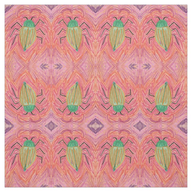 Tissu Big Green Beetle Bug sur Red Stripe (Échantillon)